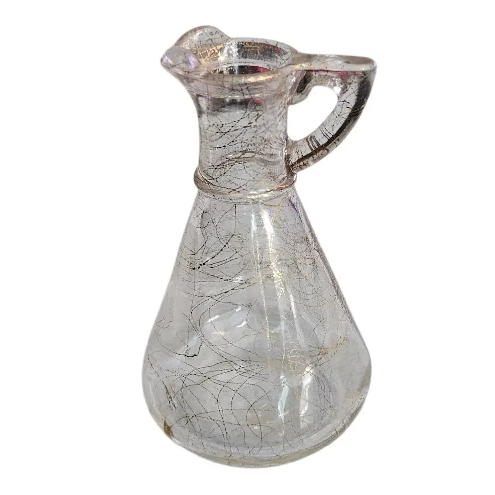 Vintage Hazel Atlas Clear Glass Pitcher Gold Spaghetti Splatter Atomic MCM